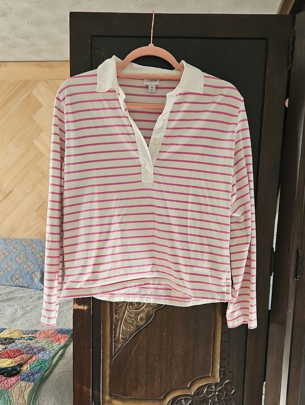J. Crew White and Pink Striped Long-Sleeve Polo Top